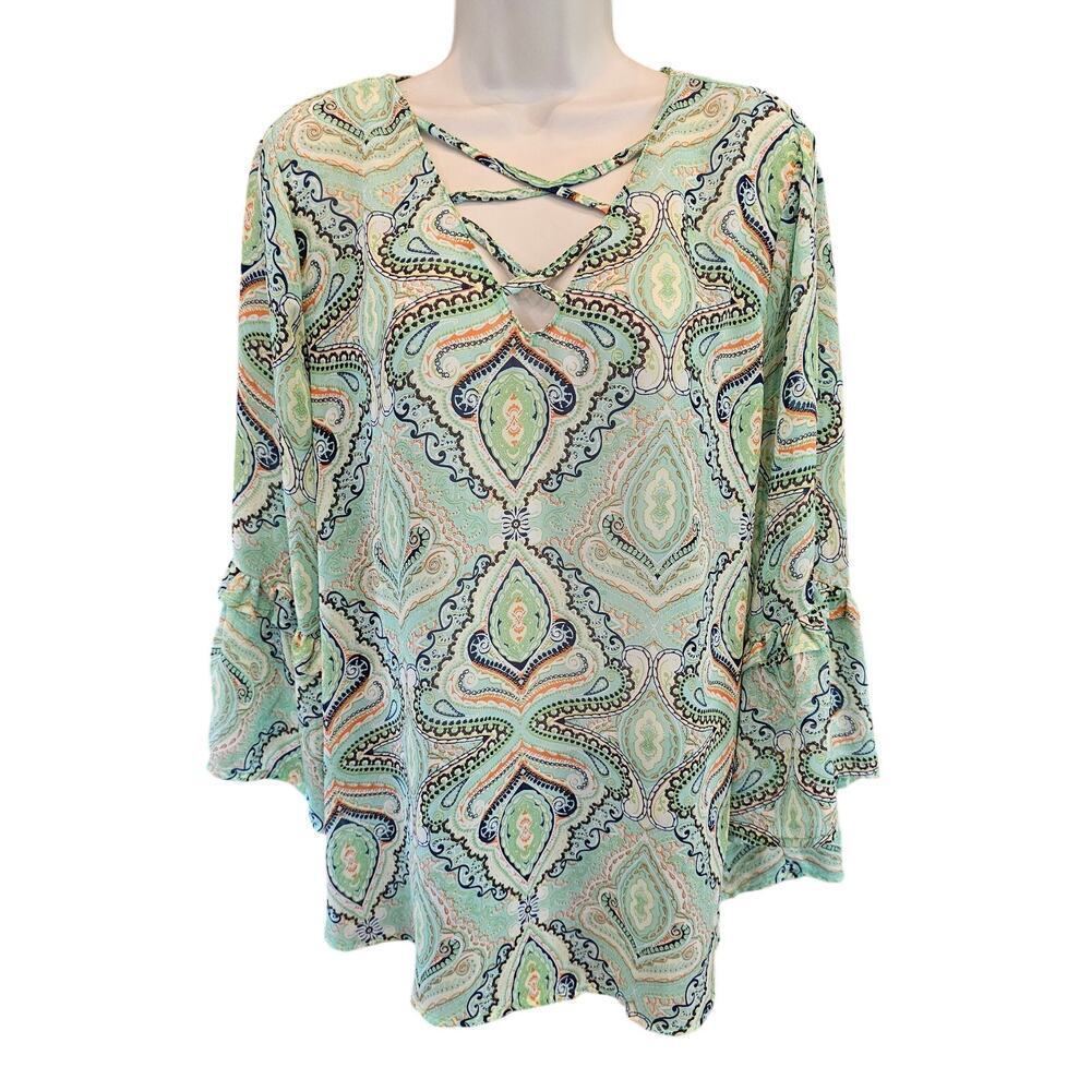 Umgee sz L bell Flutter Sleeve semi Sheer paisley cottagecore layering blouse